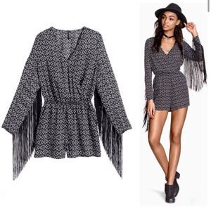 H&M Coachella Romper Sz 2 Fringe Trim Long Sleeve Black White Pockets Boho Gypsy